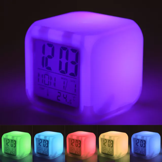 7 Colors LED Alarm Clock Colour Changing Digital Battery Kids Bedroom Calendar