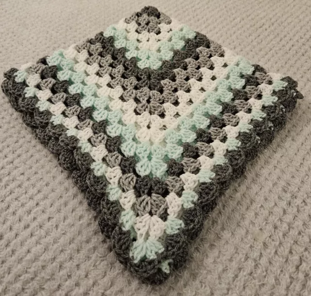 handmade crochet baby blanket mint, grey and white.Cot, pram, cradle, car seat