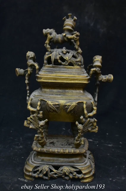 10.4" Marked Old Chinese Bronze Dynasty Bamboo incense burner Censer