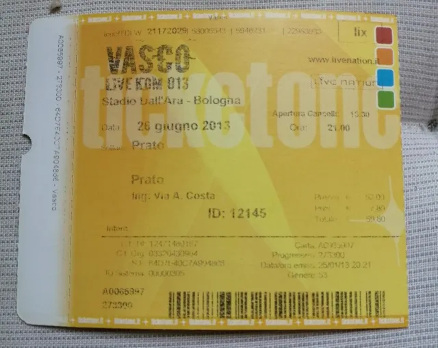 Biglietto Concerto VASCO ROSSI Vasco Live Kom 013 BOLOGNA 2013 Ticket