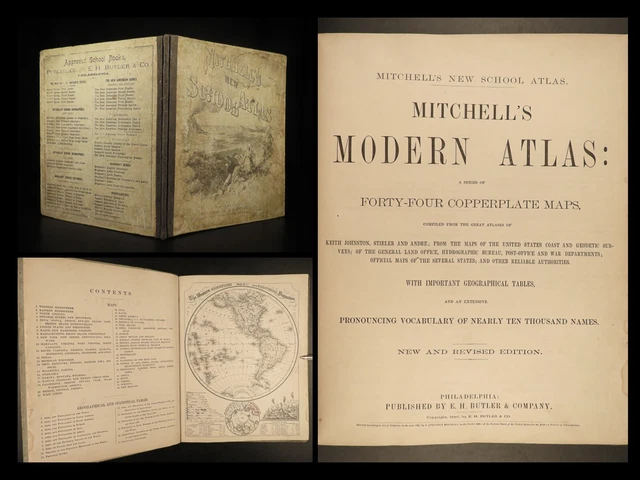 1886 Mitchell School ATLAS 44 MAPS America Holy Land Europe New Zealand India