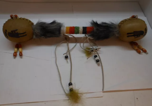 Vintage Native American Handmade Ceremonial Beaded Rattle Leather Feathers Furs