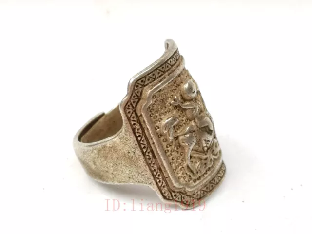 Collection Old Chinese Tibet Silver Handmade Kirin lad Ring Superb Ornament Gift 2