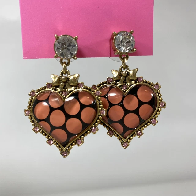 Betsey Johnson Heart Earrings Pierced Dangle Gold Tone With Sparkly Rhinestones