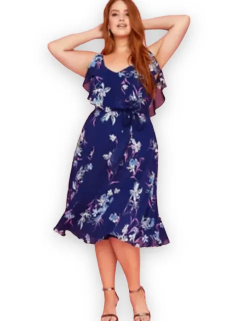 LANE BRYANT Plus Size  FLORAL Navy Ruffle  MIDI Dress SZ 16 Spaghetti Strap