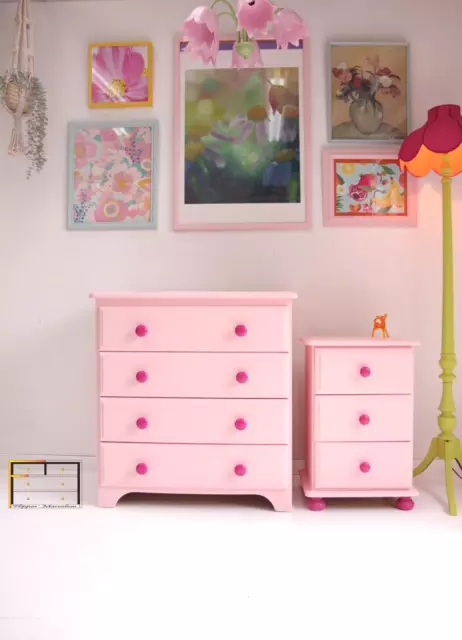 Vintage Pink Pine Chest of Drawers & Bedside Table, Barbie Furniture Bedroom Set