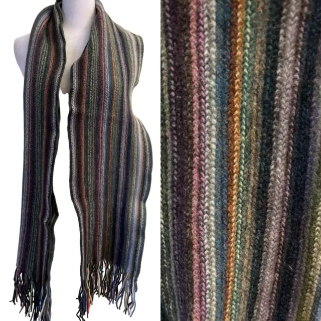 Le Bon Marche Paris Lambswool Striped Multicolor Knit Fringed Neck Scarf 8 x 68