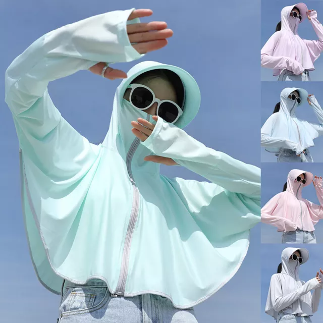 Summer Womens Sun Protection Clothing Light and Breathable Beach Ice Silk Hooded