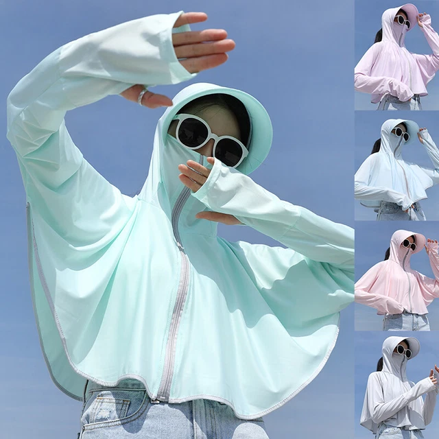 Summer Womens Sun Protection Clothing Light and Breathable Beach Ice Silk Hooded