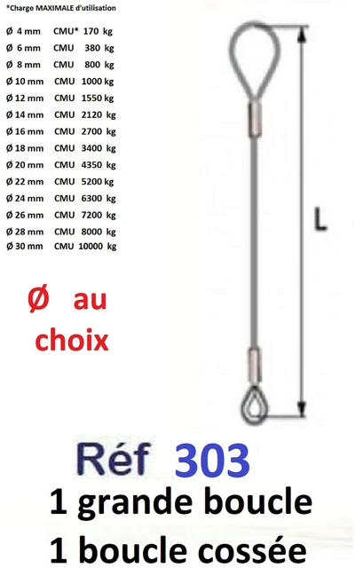 Elingue câble en acier galvanisé de  Ø 4 à  Ø 30 mm +2 Boucles dont 1 cossée