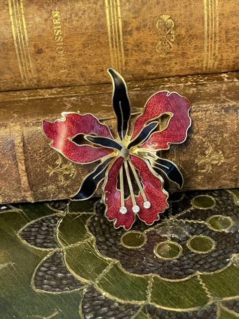 Vintage Brosche Nachlass Alt Schmuck Blume Cloisonné Rot Schwarz Emailliert Orhi