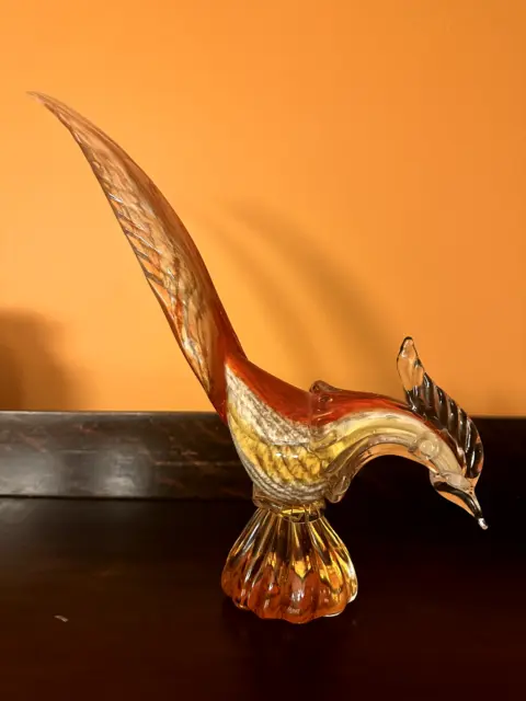 Murano Hand Blown Art Glass Amber, Red & White Roadrunner Figurine Bird 12.5"