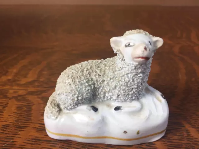 Antique Old Staffordshire Style Sheep Lamb Statue Figurine Hand Painted Face