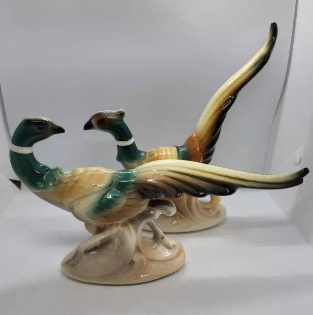 Vintage Pair of Royal Copley Porcelain Ring Neck Pheasants Figurines