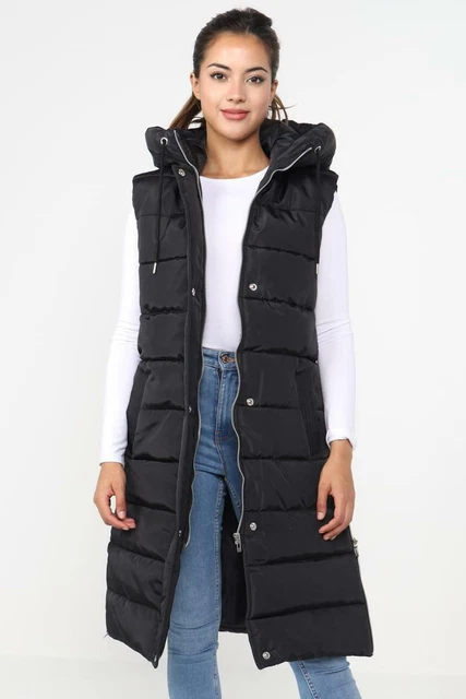 Gilet Scaldabody Donna Ragazze Lungo Cappuccio Imbottito Senza Maniche Gilet Cerniera