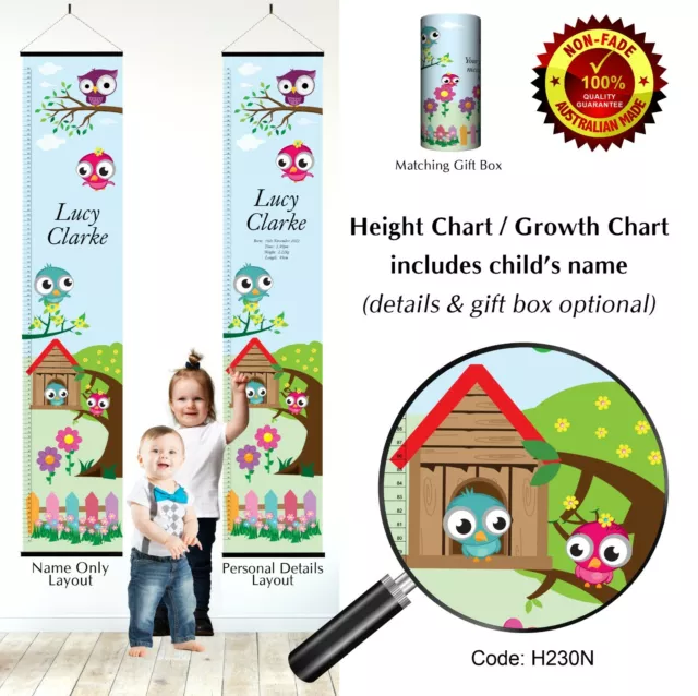 Personalised Height Growth Chart Owl, Birds, Flowers Theme for Kids or Child