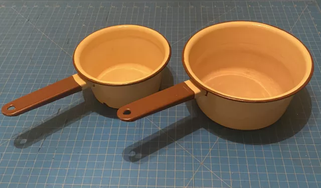 Vintage Enamelware Cream w/ Brown Trim Sauce Pan Pot Set of  Enamel