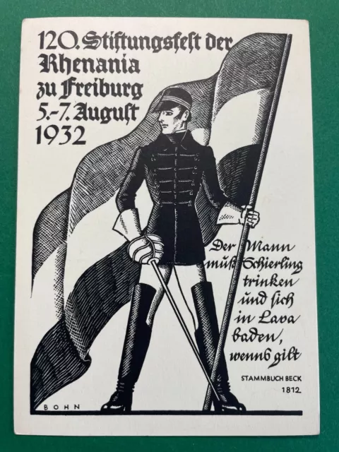 Studentika - Couleurkarte Corps Rhenania Freiburg  - gel. 1932