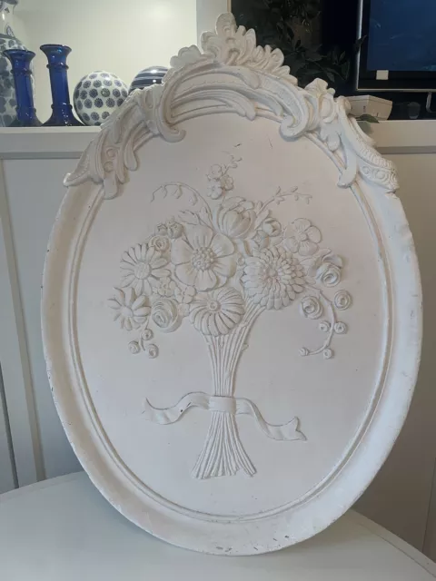 Large Antique White Plaster Oval Wall Plaque Swags  Flowers Shabby Chic French