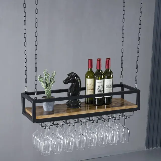 Hanging Wine Rack with Glass Holder and Shelf, Ceiling Mounted Wine Rack...