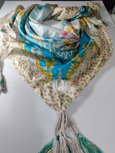 JOHNNY WAS Silk Aqua,Yellow,Beige,White Paisly Tassel Square Spring Easter Scarf