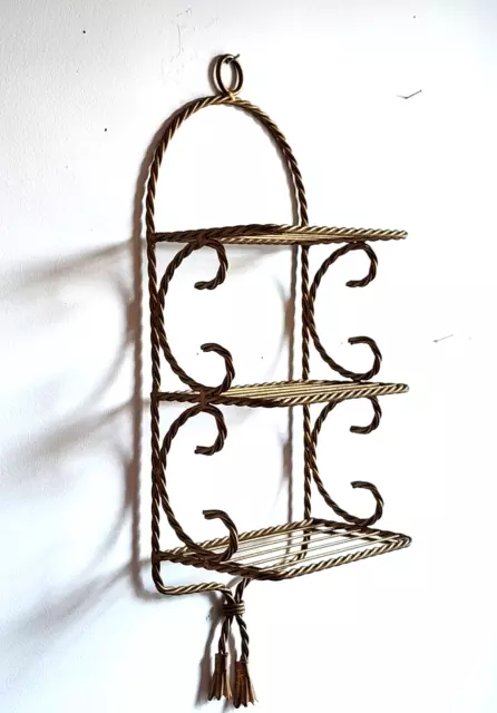 Vintage Homco Metal Wall Shelf 3 Tier Twisted Rope Gold Hollywood Regency 21 x 8