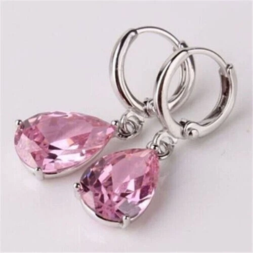 2 Ct Pear Lab Created Pink Sapphire Hoop Dangle Earring 14k White Gold Plated