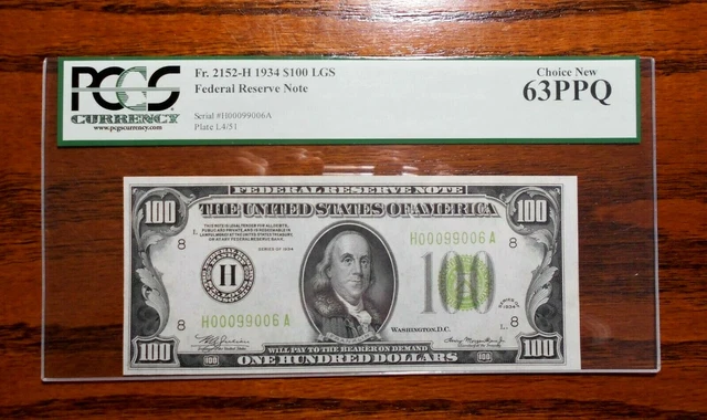 1934 $100 Federal Reserve Note (LGS) Light Green 💲 PCGS 63 PPQ ~ St Louis 3