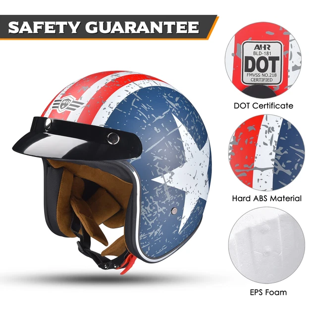 AHR Open Face Helmet Motorcycle DOT Vintage Pilot Sun Visor Trip RUN O5 S