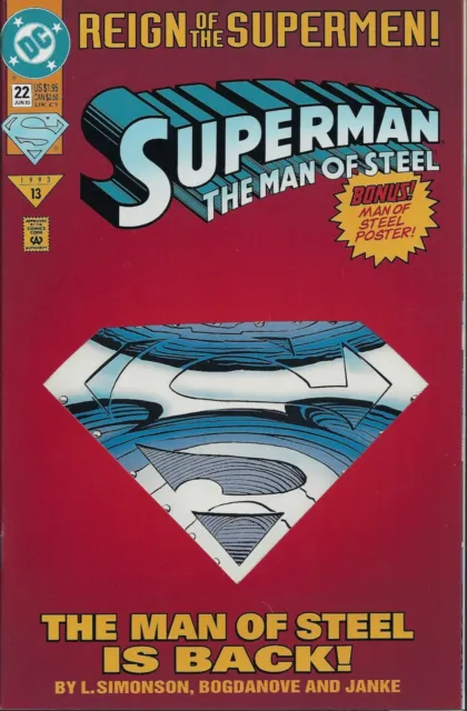 SUPERMAN THE MAN OF STEEL  #22  Jun 93  Reign of the Supermen Die cut cover