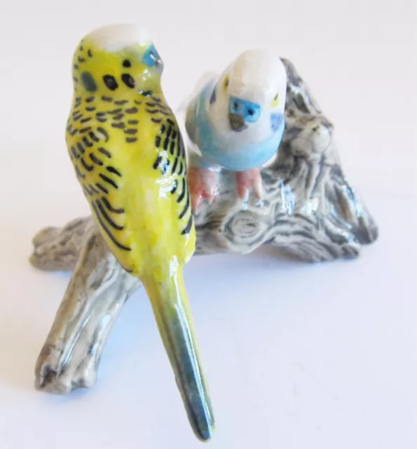 Miniature Figurine Budgerigars on Branch Pair of Budgies 1 Piece Porcelain Birds