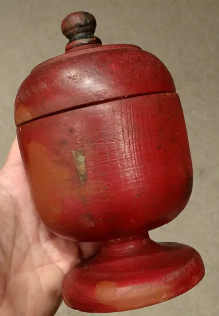 Antique TREENWARE Treen Wood PEDESTAL SPICE JAR Sugar Caddy / ORIGINAL RED PAINT