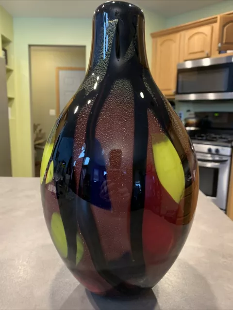 Vtg Murano Art Glass Black Cased Red Avem Aventurine Martens Confetti Radi Vase