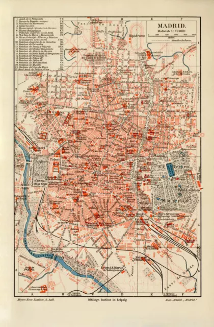 Madrid historischer Stadtplan Karte Lithographie ca. 1906 antike Stadtkarte