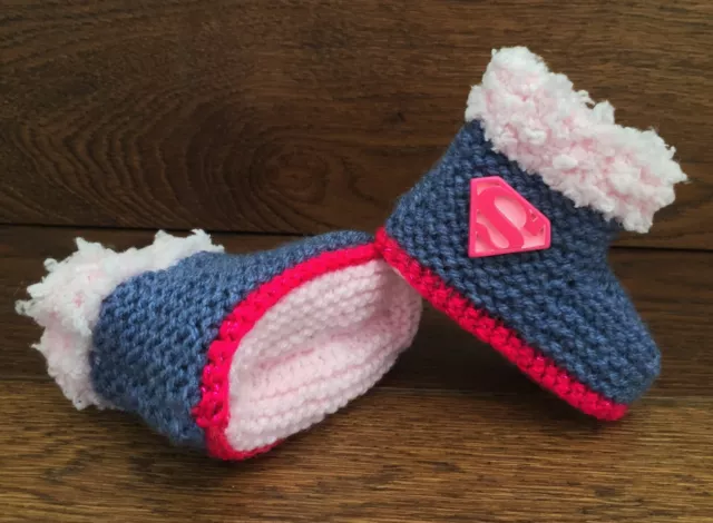 Baby Girl Hand Knitted Crochet Booties Boots Slippers Superman Super Hero 0-12M