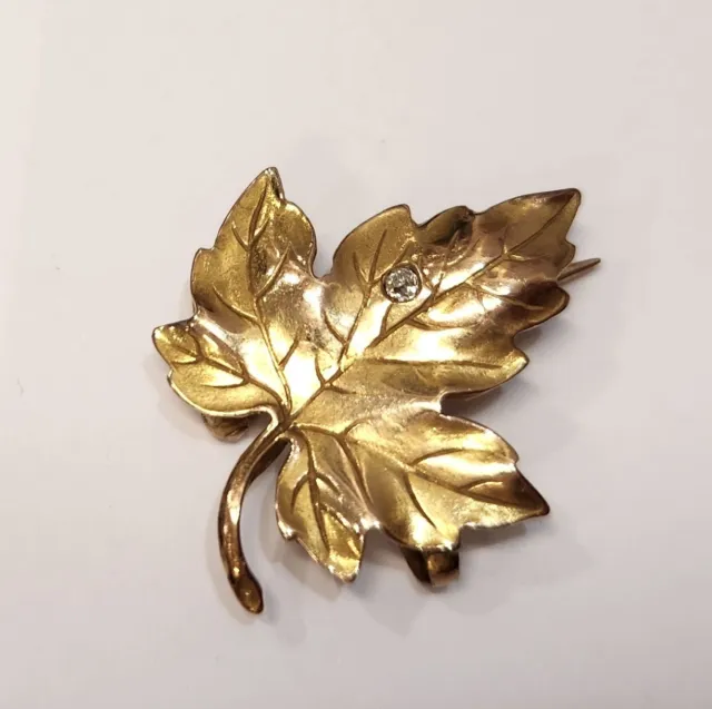 Antique 14k Yellow Gold Victorian Diamond Leaf Watch Fob Pin Pendant Holder