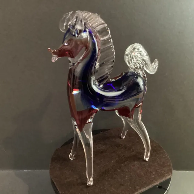 Vintage Murano Glass Horse, Clear w/Blue & Burgundy, Approx. 19cm Tall