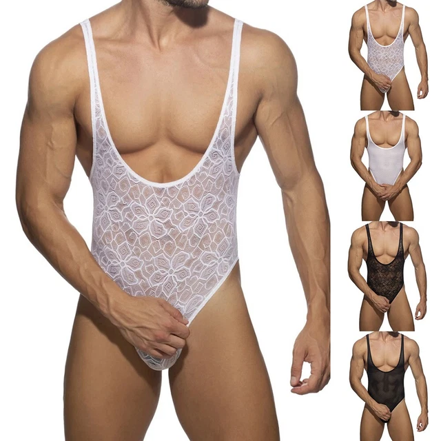 Mens Leotard Sexy Lace Bodysuit Pouch Slimming Underwear Nightclub Jumpsuit