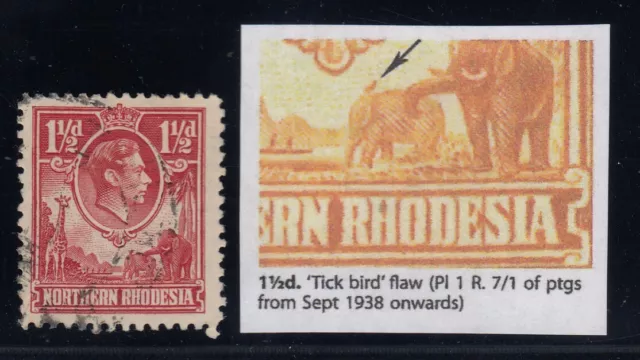 Northern Rhodesia, SG 29b, used "Tick Bird Flaw" variety