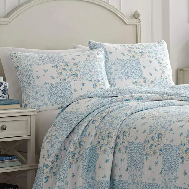 New! ~ Cozy Shabby Chic French Blue Green White Rose Country Cottage Quilt Set