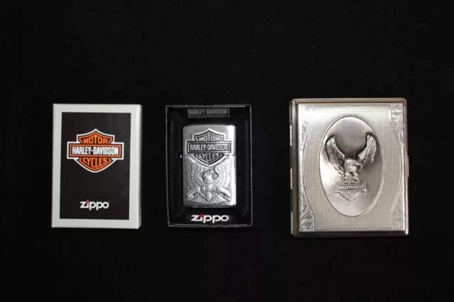 Lot Briquet ZIPPO neuf Aigle Harley-Davidson + étui cigarettes assorti