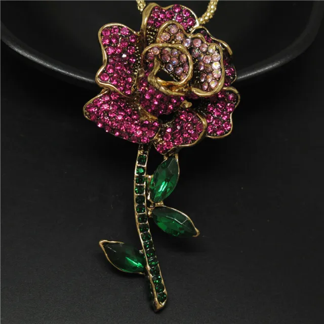 New Fashion Women  Rose Rhinestone Rose Vintage Crystal Pendant Lady Necklace