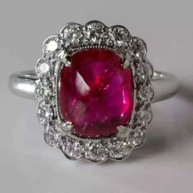 4.5CT Vivid Pinkish Red Sugarloaf Cabochon Ruby With White CZ Halo Art Deco Ring