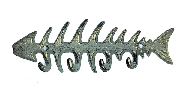 Rustic Cast Iron Nautical Fishbone Key Hook Rack Wall Fisherman Decor Plaque