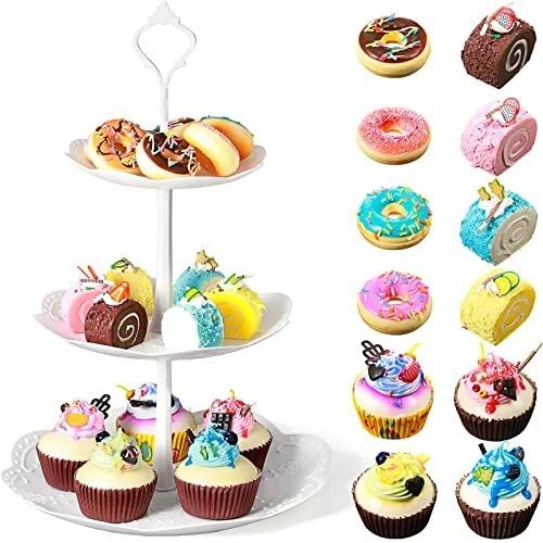 13 Pieces, White 3 Tier Cupcake Stand, Realistic Artificial Toy Donuts