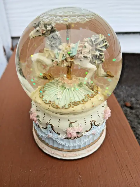 vtg snow globe glass musical carousel horse "sound of silence" tune 4 inches
