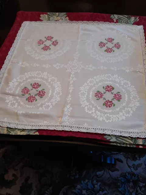 Hand Embroidered Vintage Square Linen Tablecloth With Crochet lace Edge