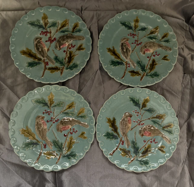 4 Anciennes Petites Assiettes en Barbotine de Sarreguemines / Décor Oiseaux