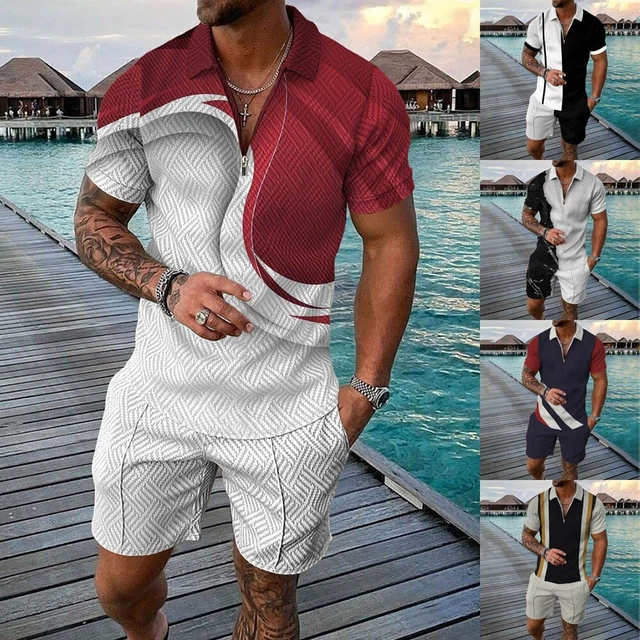 Felpa alla moda 2 pezzi da uomo manica corta con cerniera camicie e pantaloncini