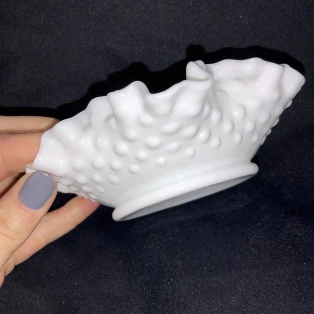 VTG Fenton Small Shallow Ruffled Crimped Hobnail Milk Glass Candy Trinket Dish